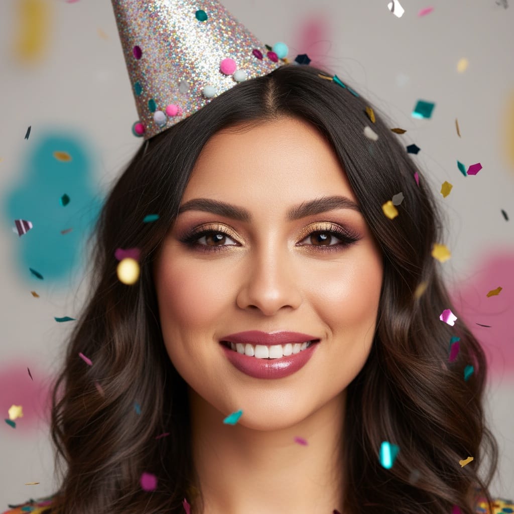 petite latino woman birthday hat close up 24612435