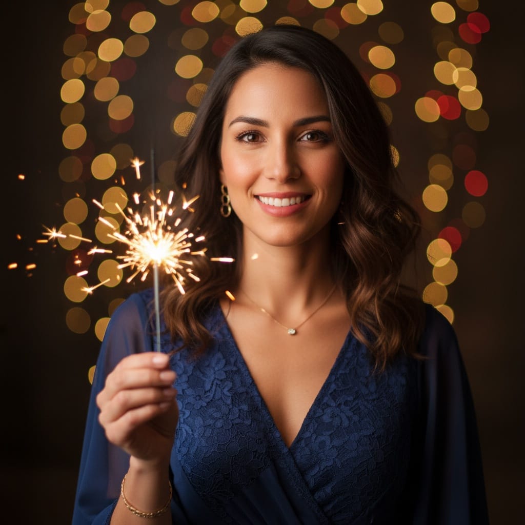 petite latino woman birthday sparkler magic 42364362