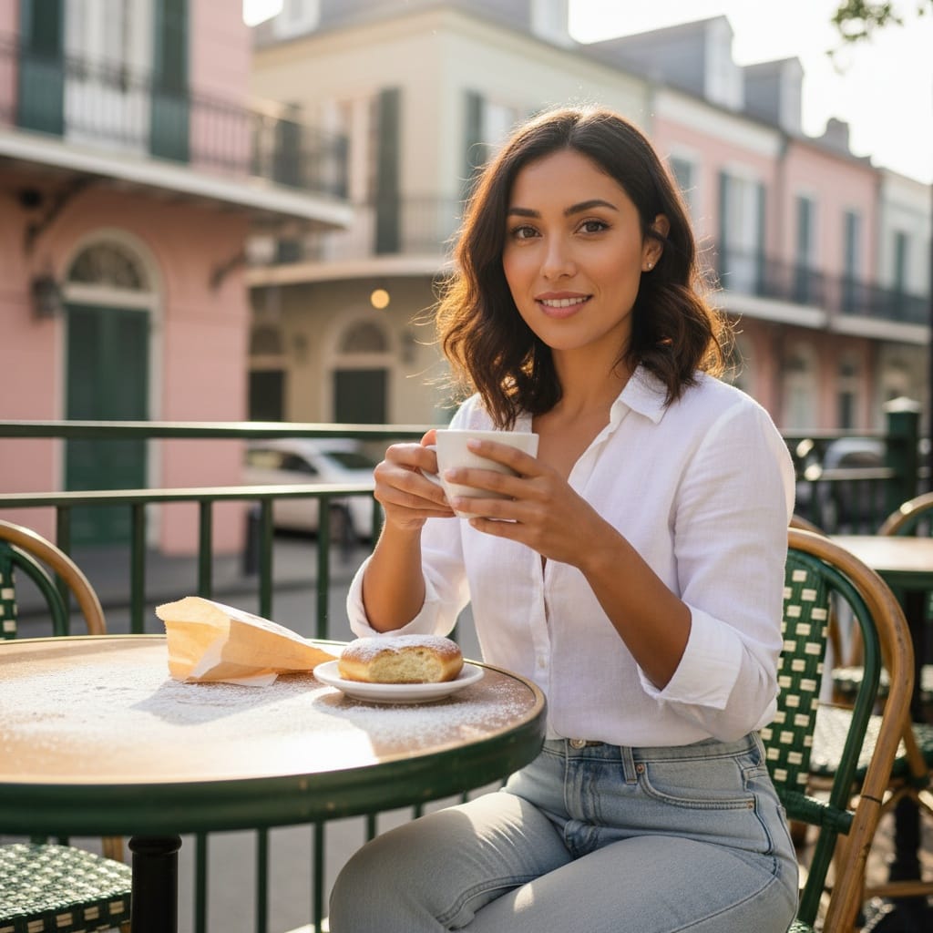 petite latino woman cafe du monde beignets 43100371