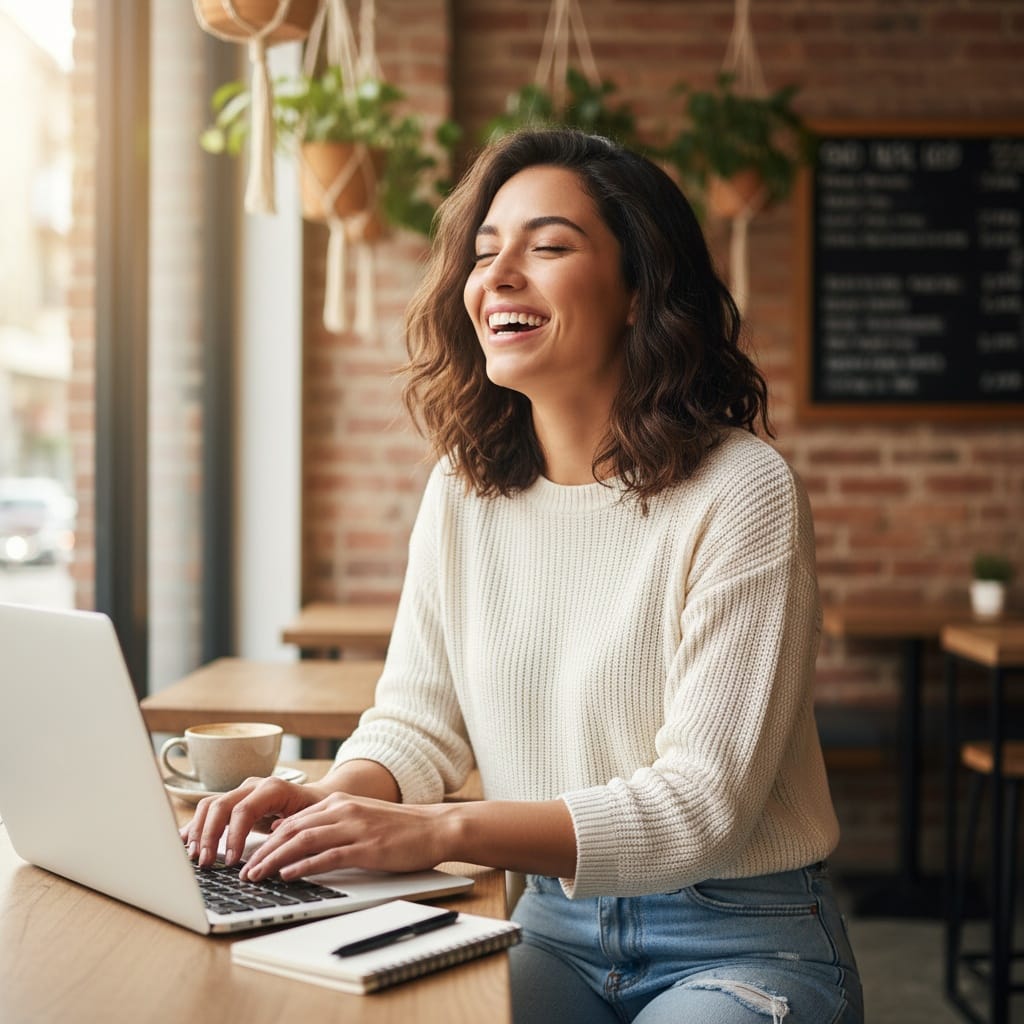 petite latino woman casual laptop coffee shop 70740606