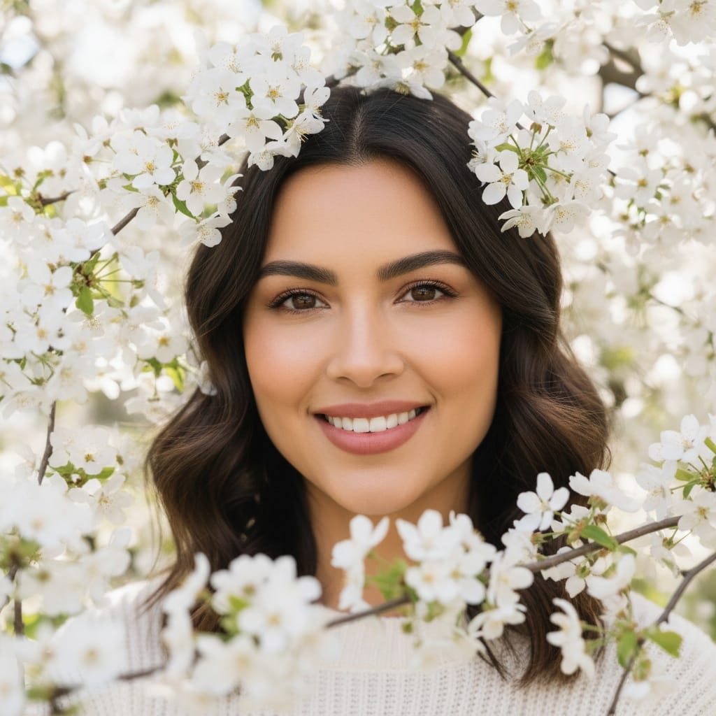 petite latino woman close up blossom framing 60718586