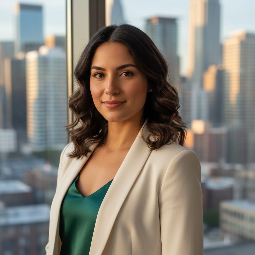 petite latino woman confident city skyline backdrop 98969562