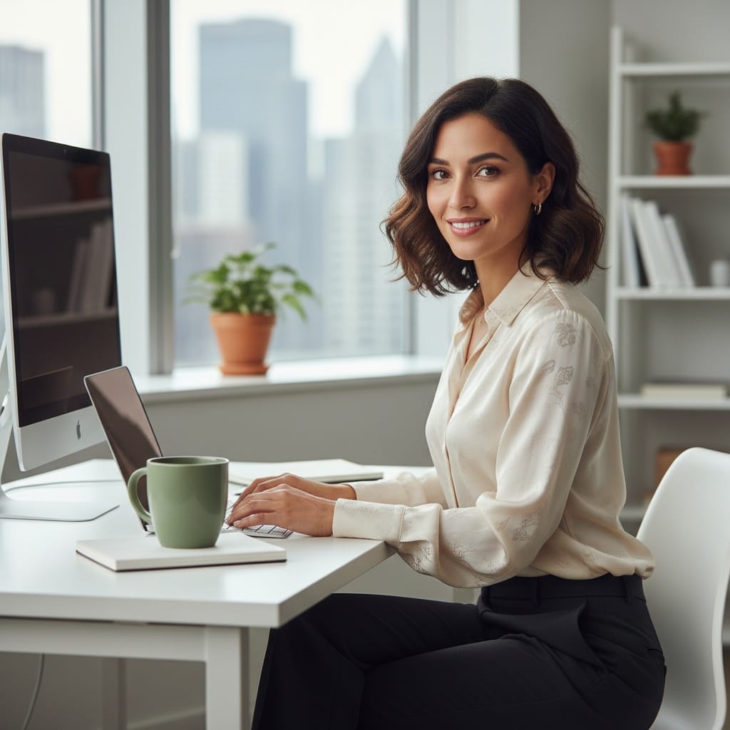 petite latino woman confident office workspace 52391289