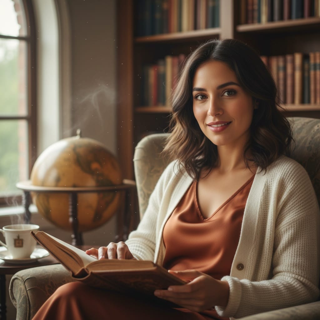 petite latino woman cozy reading chair 94528320