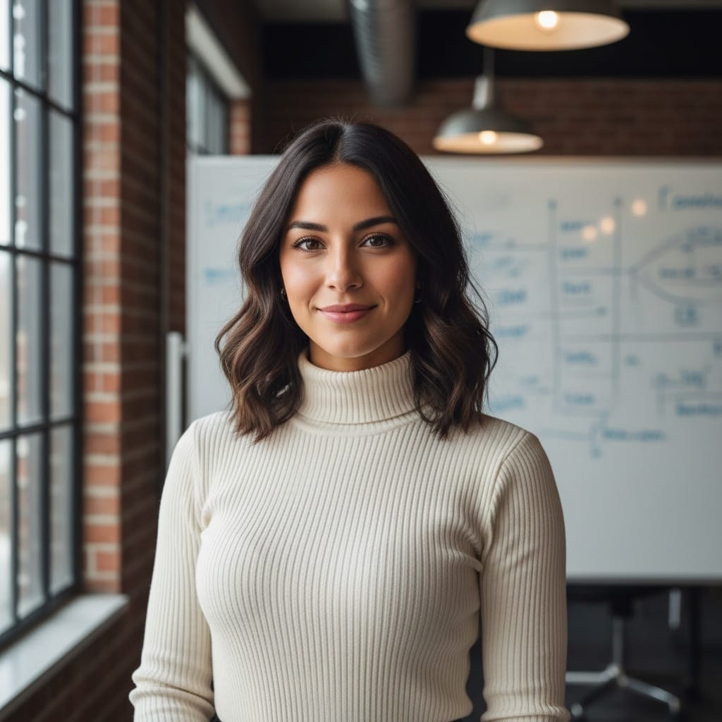 petite latino woman creative workspace backdrop 81839673