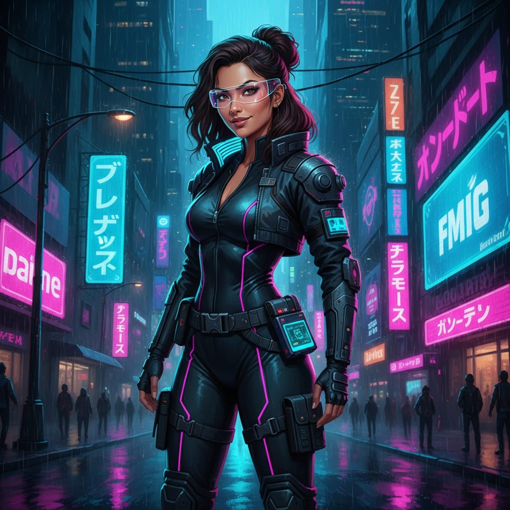 petite latino woman cyberpunk neon city 19466985