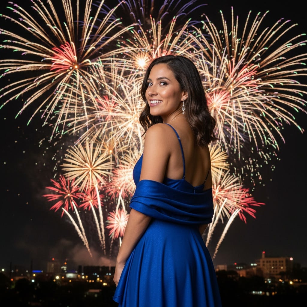 petite latino woman fireworks outdoor backdrop 31096393