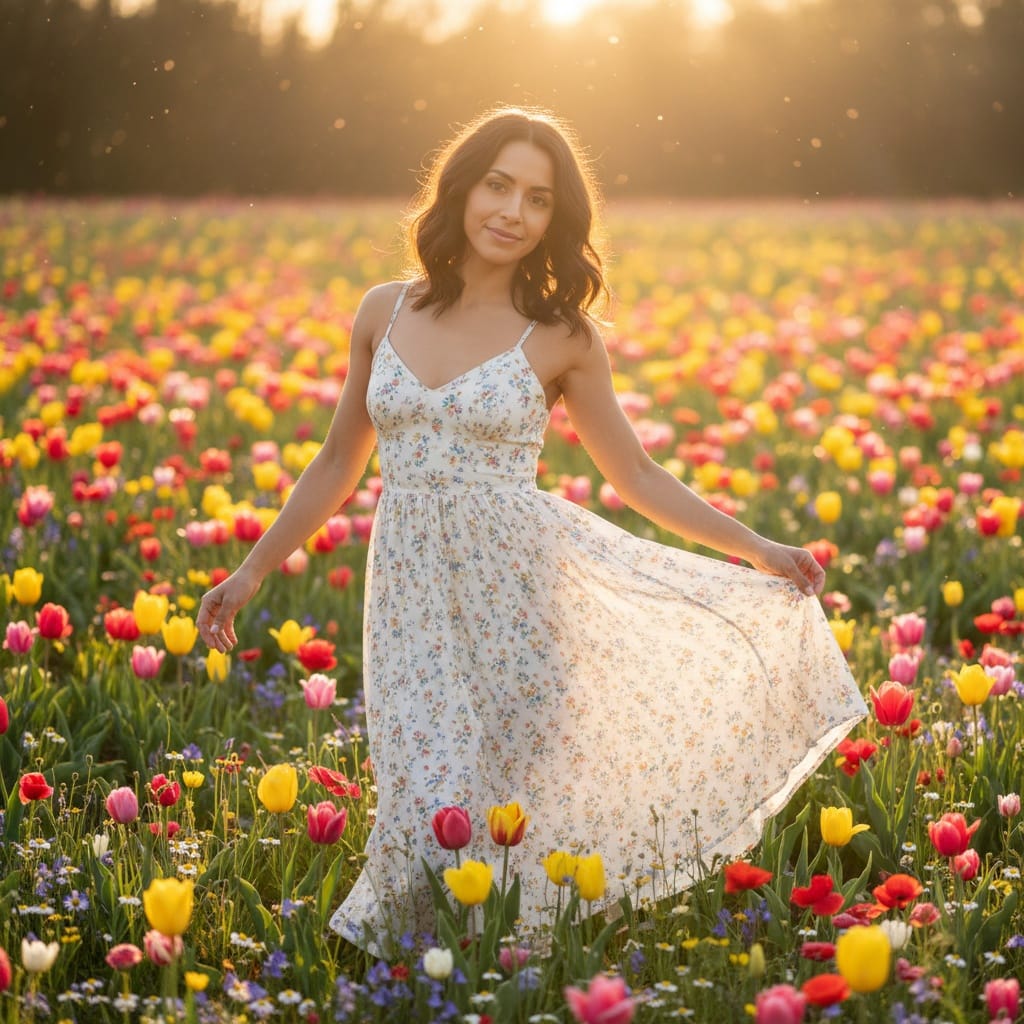 petite latino woman flower field full body 39527664
