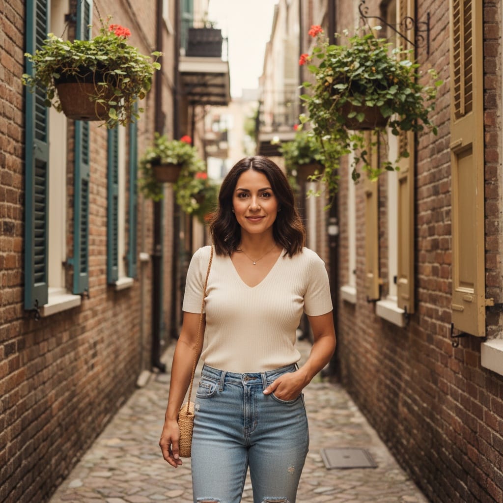 petite latino woman french quarter alley 50500750