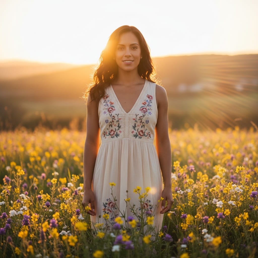 petite latino woman golden hour meadow portrait 90635159