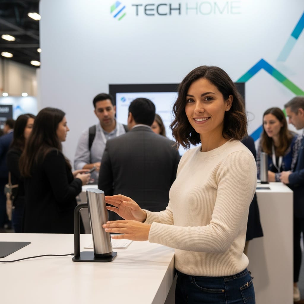 petite latino woman hands on demo booth 76863768
