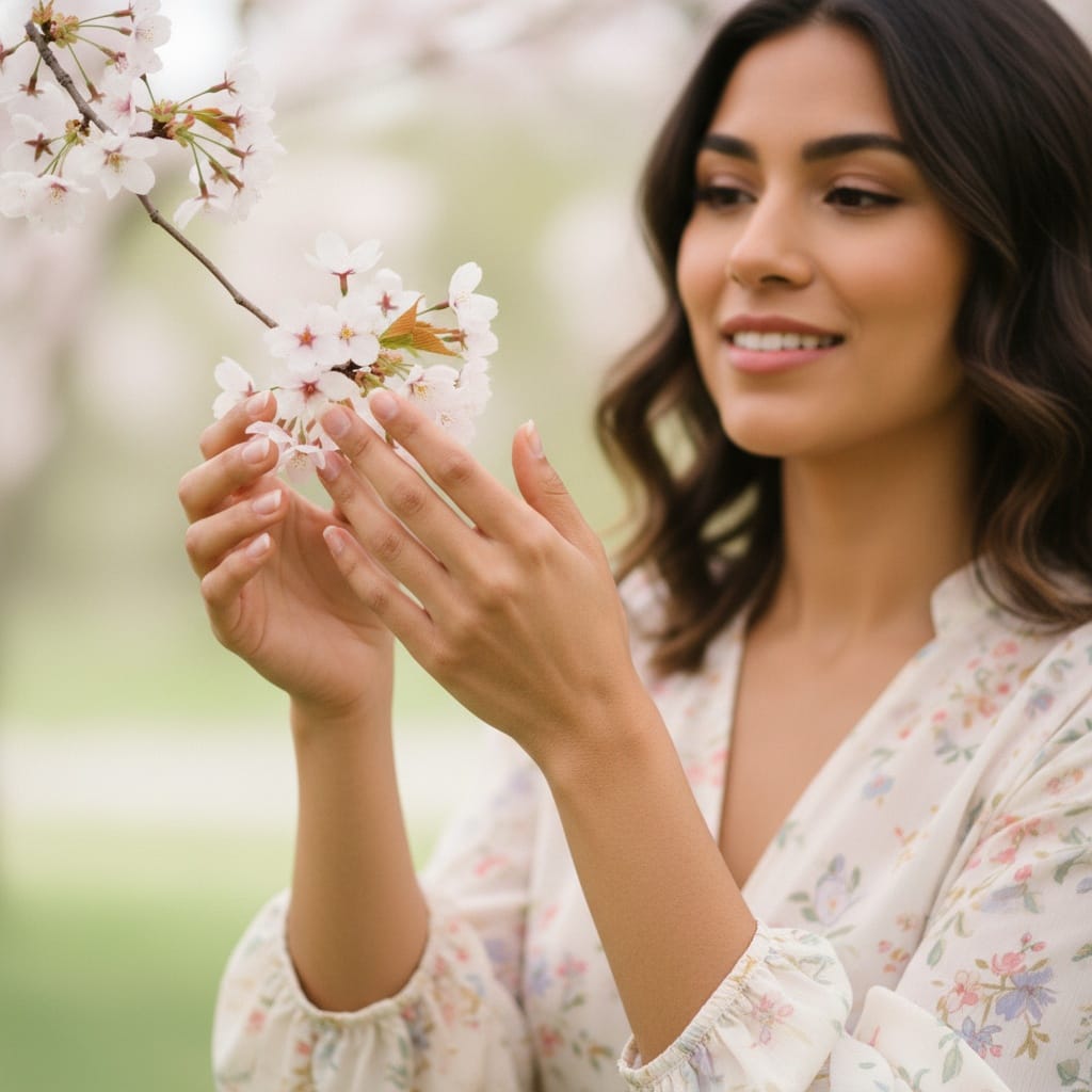 petite latino woman hands touching blossoms 69022299