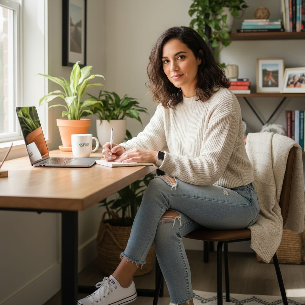 petite latino woman home office authentic 13773463