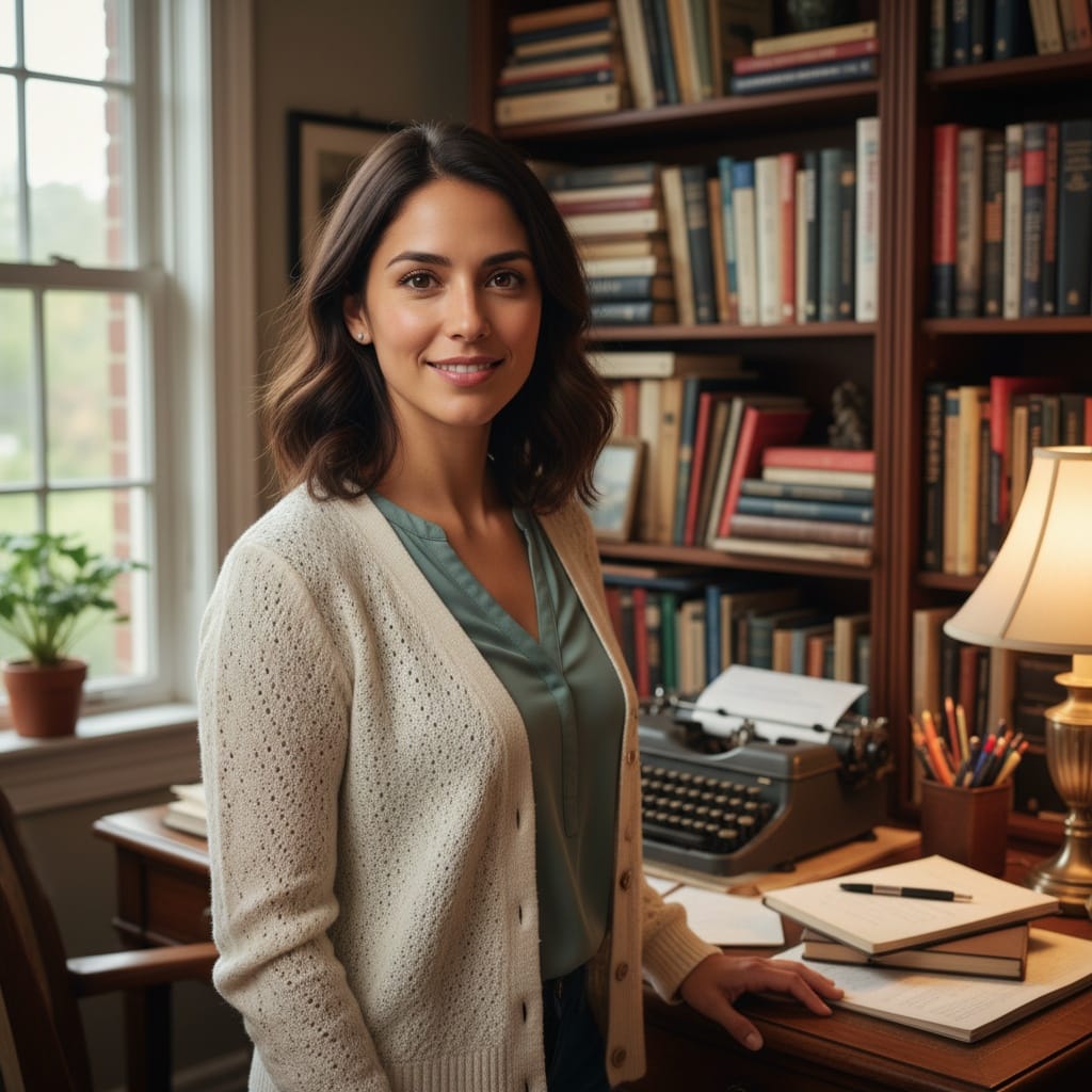 petite latino woman home office bookshelves 74392487