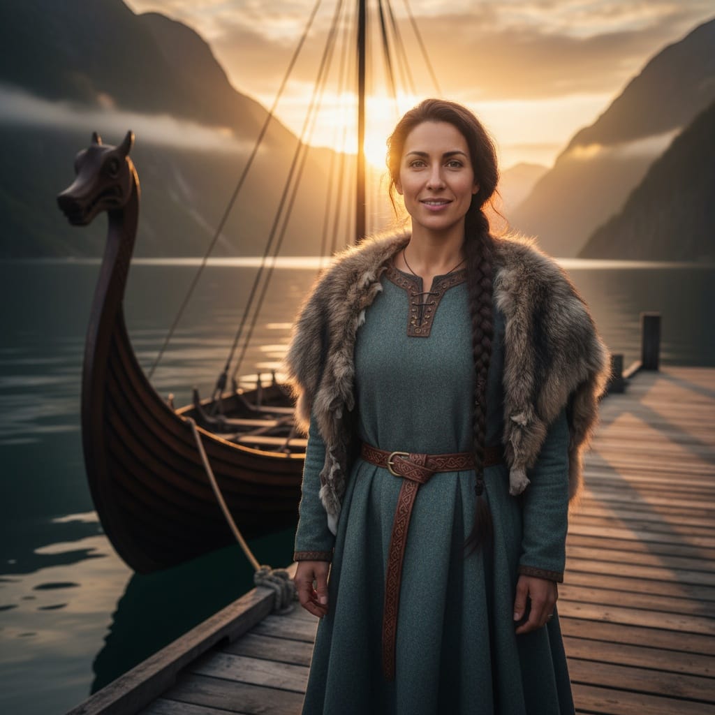 petite latino woman longship dock sunset 95262356