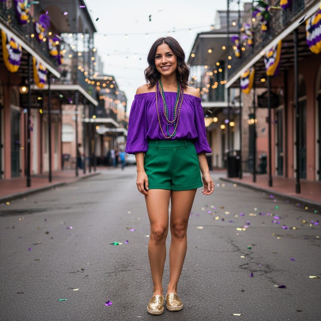 petite latino woman mardi gras beads celebration 70391171