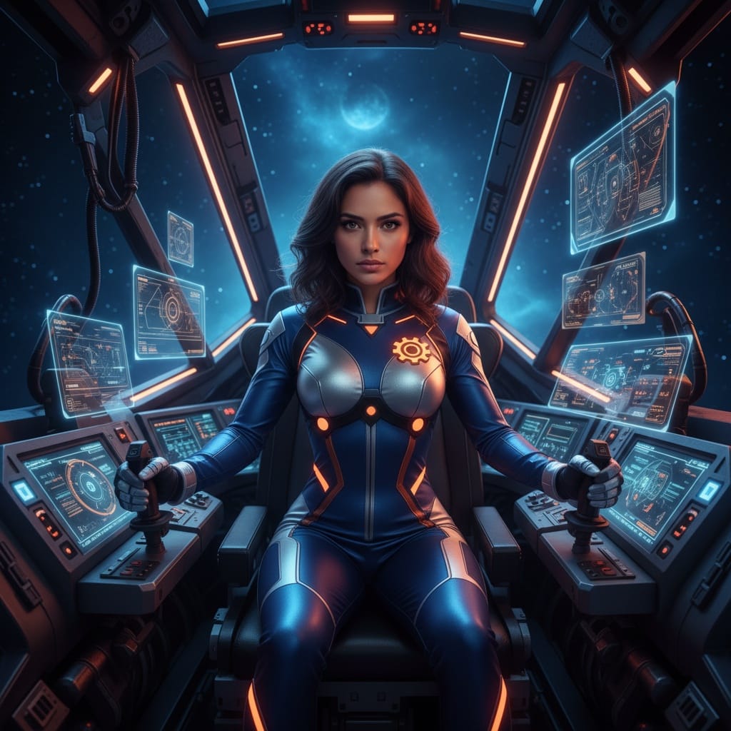 petite latino woman mecha pilot cockpit 10501830