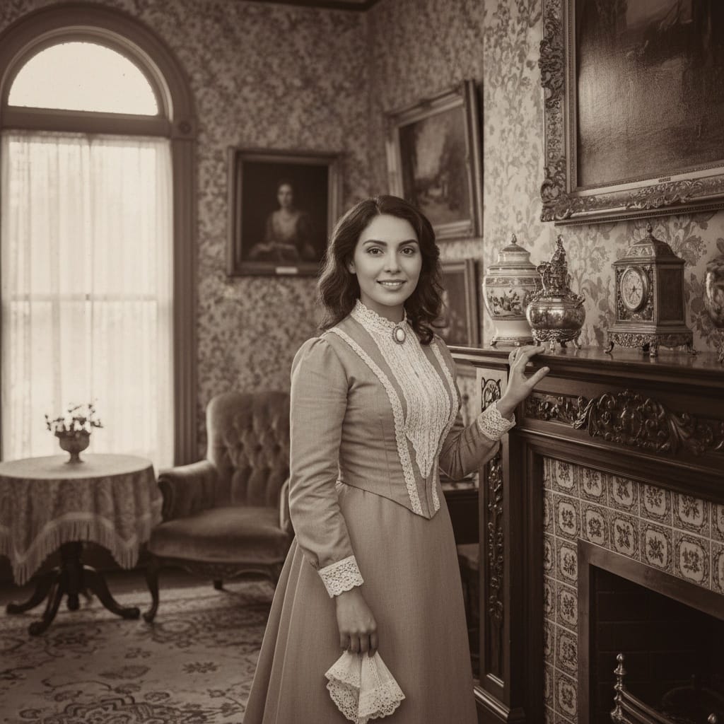 petite latino woman parlor room setting 35487642