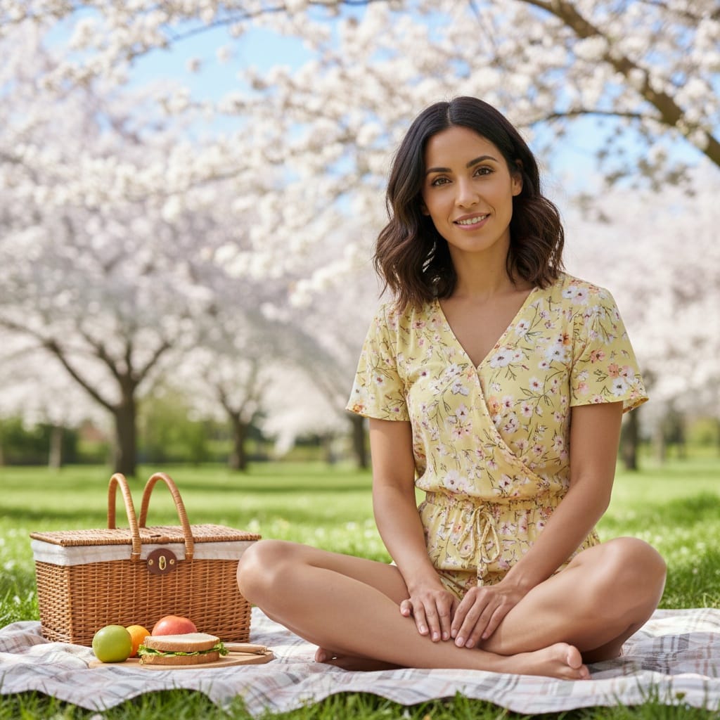 petite latino woman picnic blanket spring scene 22765925