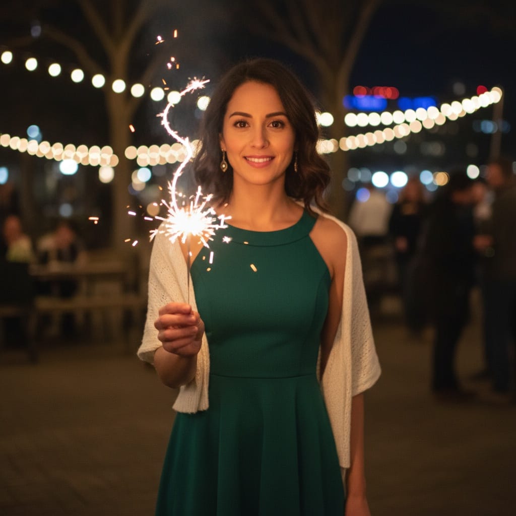 petite latino woman sparkler outdoor night 17313764