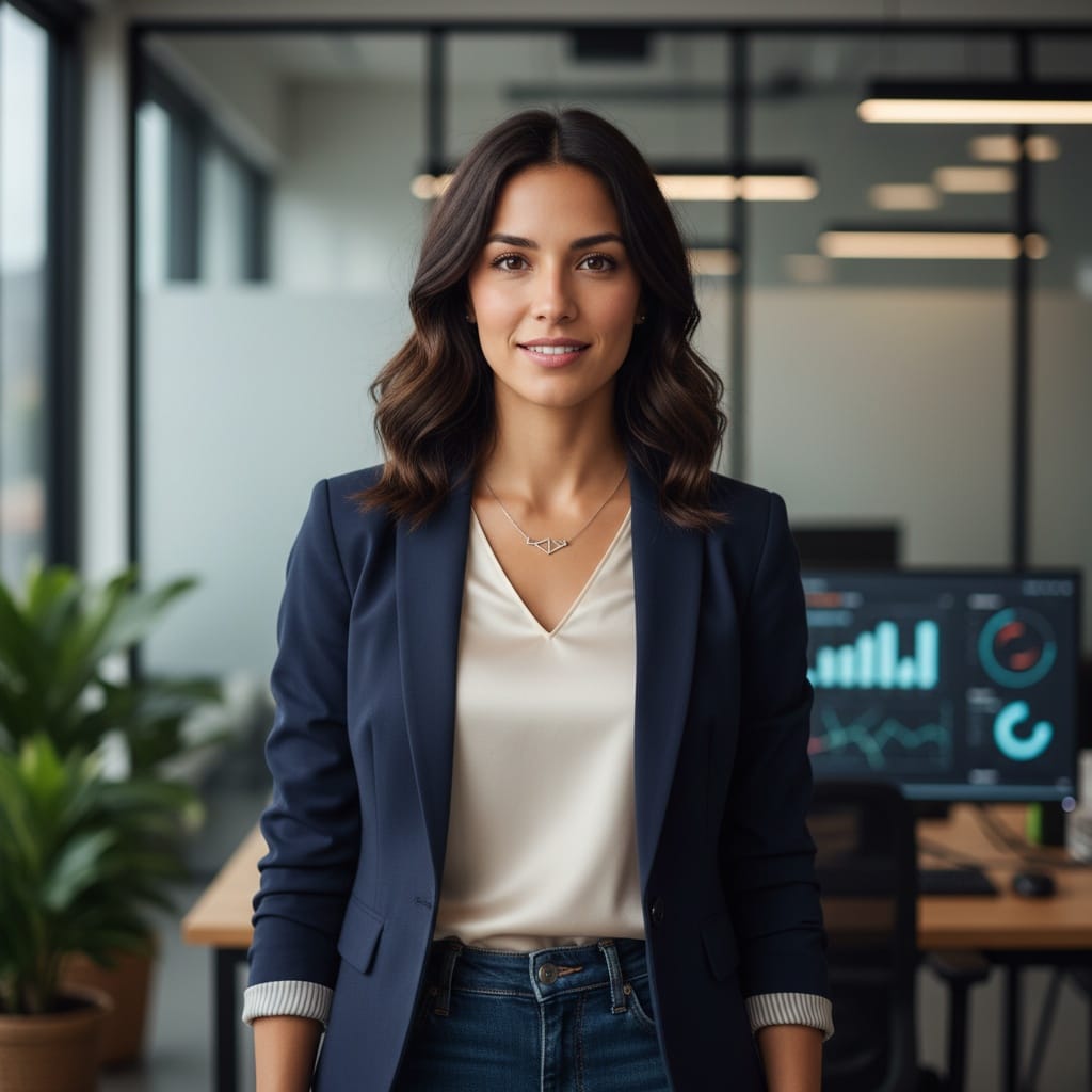 petite latino woman tech office environment 73177780