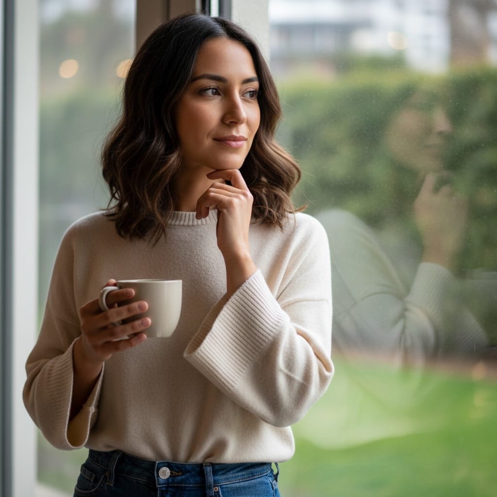 petite latino woman thoughtful window lighting 47925463
