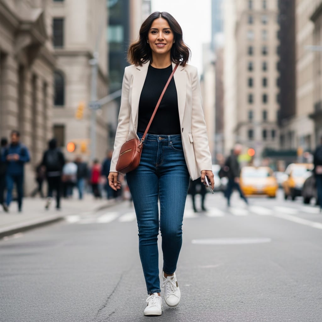 petite latino woman walking urban environment 67321665