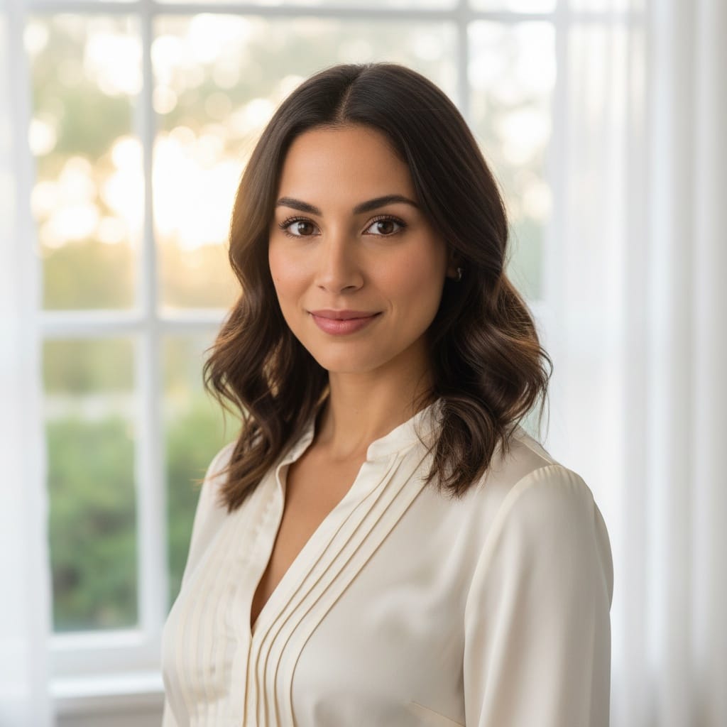 petite latino woman window natural light headshot 74560620
