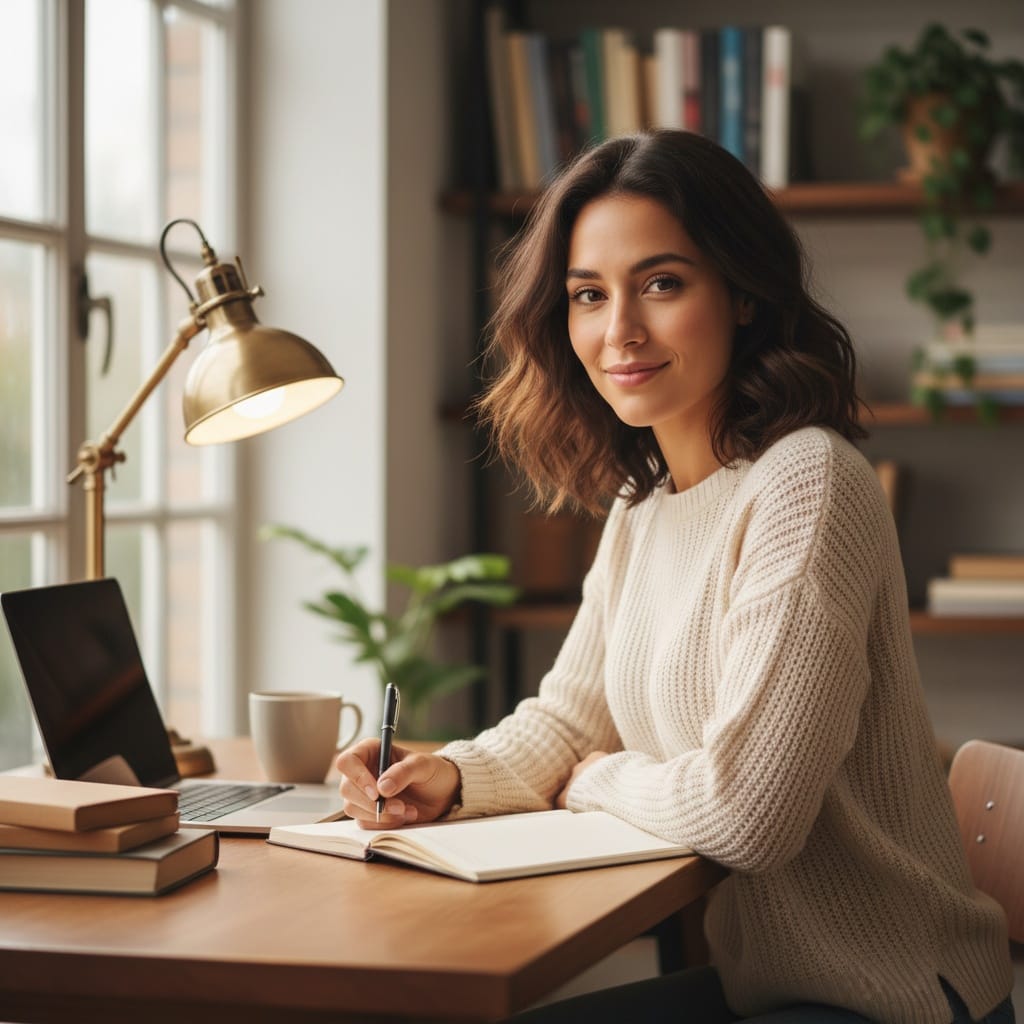 petite latino woman writing desk workspace 79696970