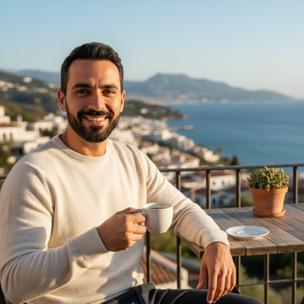 petite middle_eastern man boutique hotel balcony 40105230
