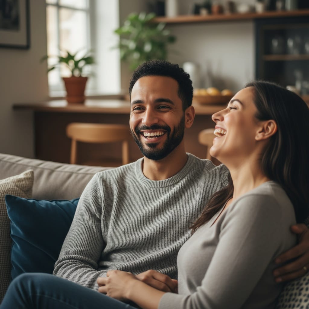 petite middle_eastern man cozy home laughing 69566367