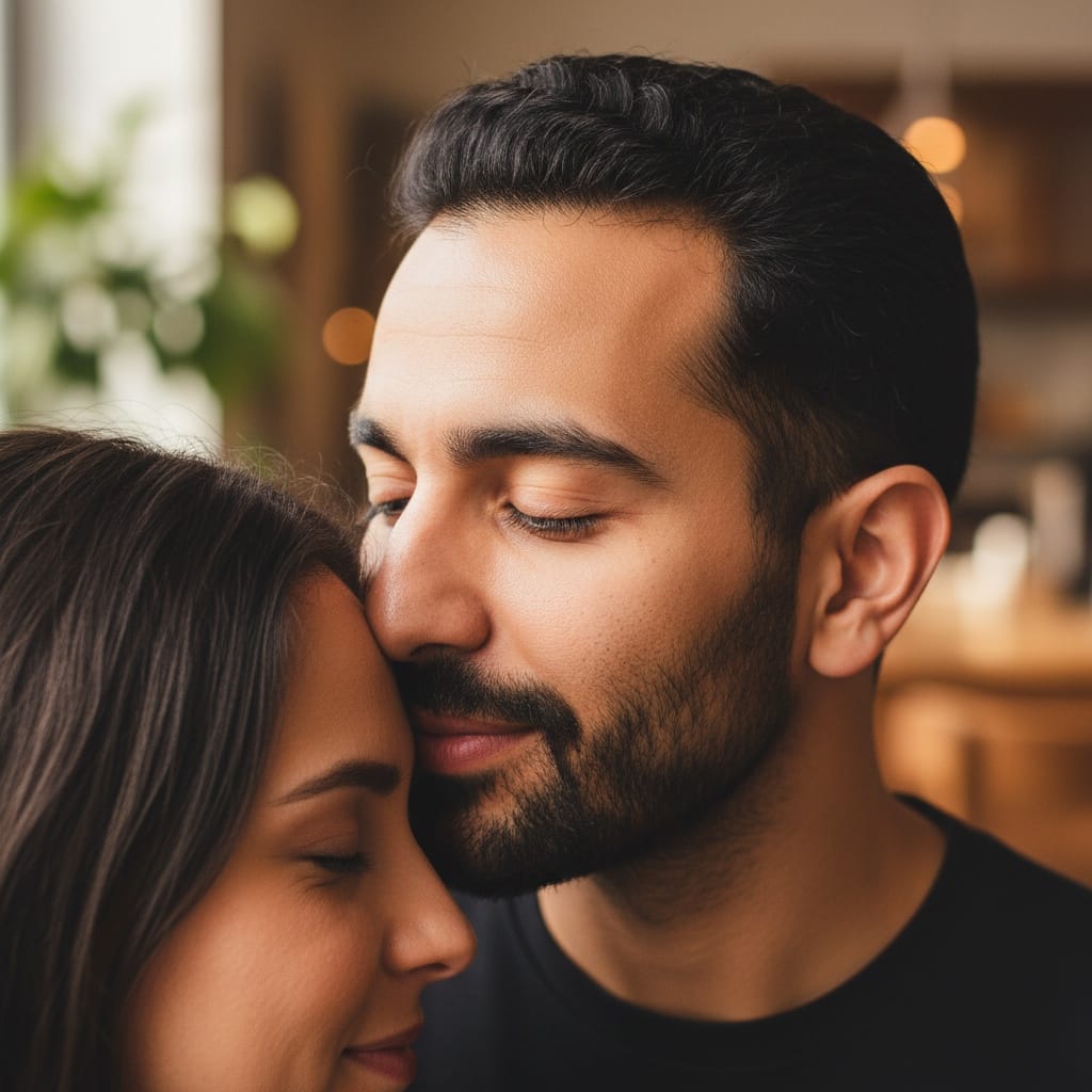 petite middle_eastern man forehead kiss closeup 98324178