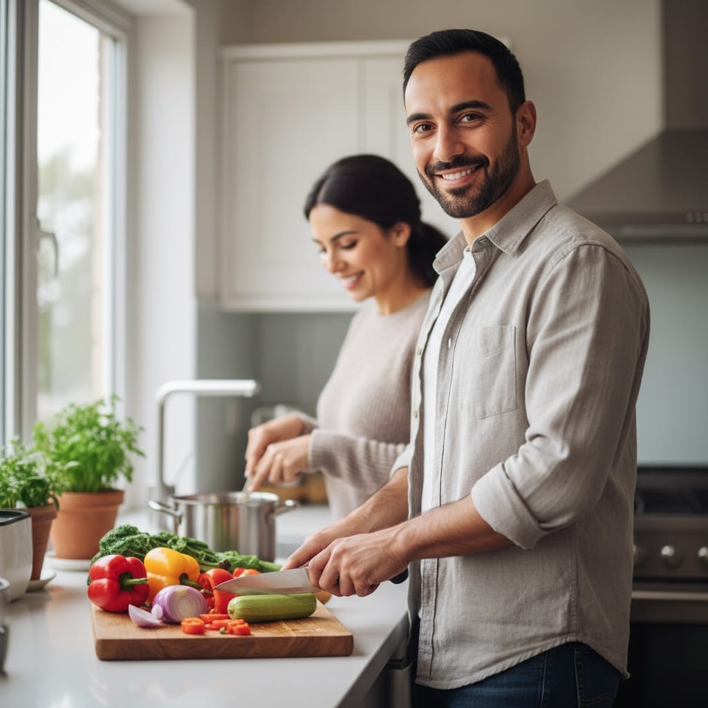 petite middle_eastern man kitchen cooking together 78629671