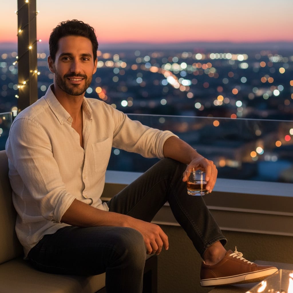 petite middle_eastern man rooftop cityscape sunset 85486054