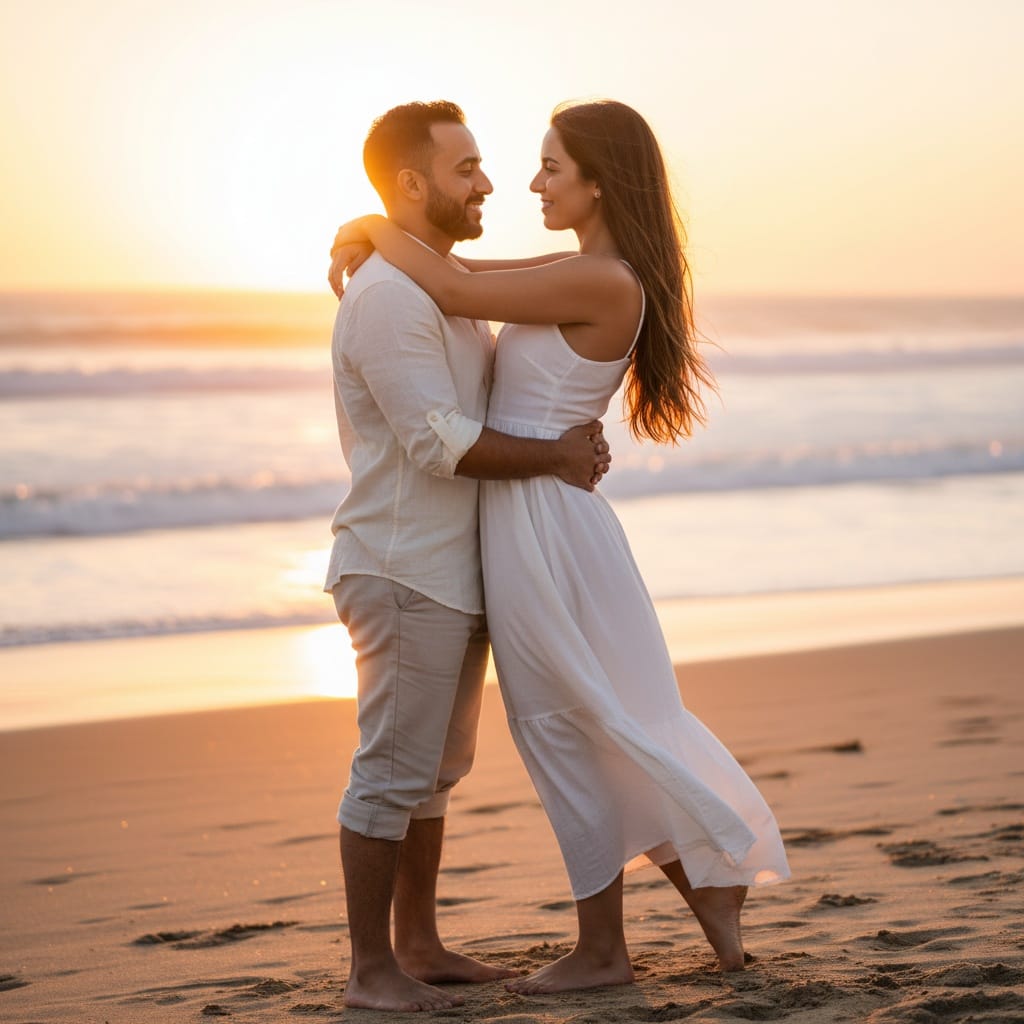 petite middle_eastern man sunset beach embrace 24871364