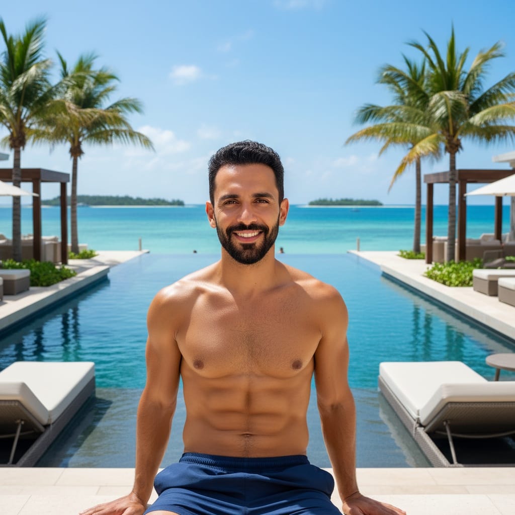 petite middle_eastern man tropical infinity pool 21492754