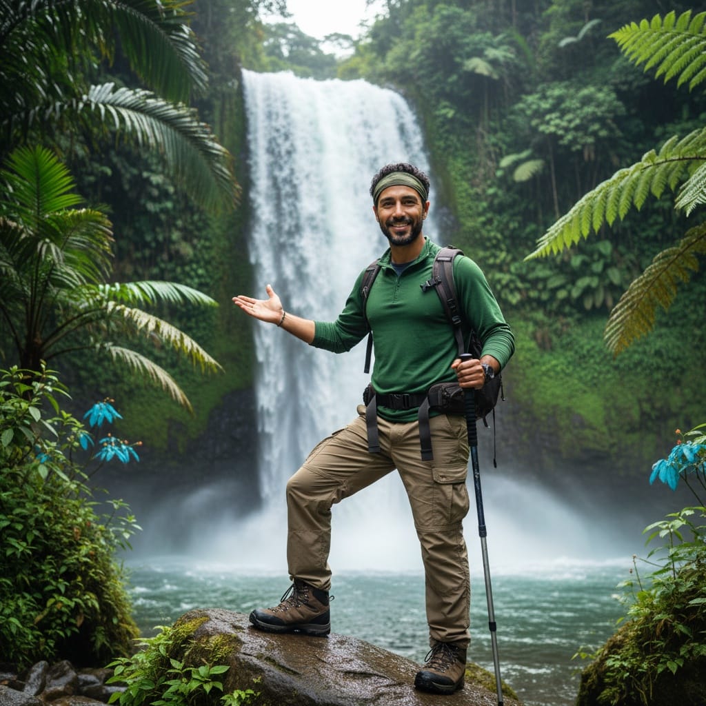 petite middle_eastern man tropical waterfall nature 73638506