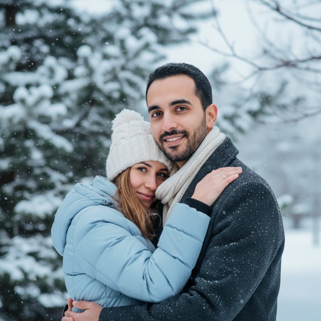 petite middle_eastern man winter snow cuddle 12524679