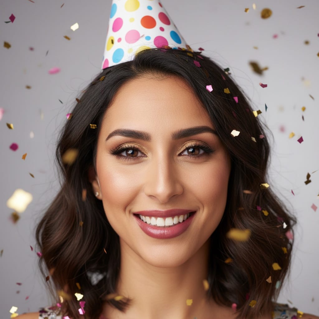 petite middle_eastern woman birthday hat close up 16247368