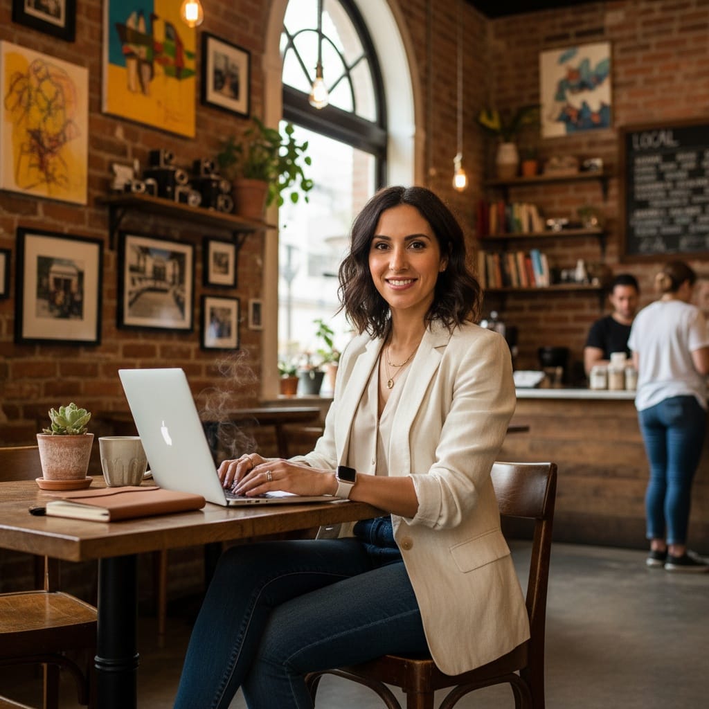 petite middle_eastern woman coffee shop working 91407594
