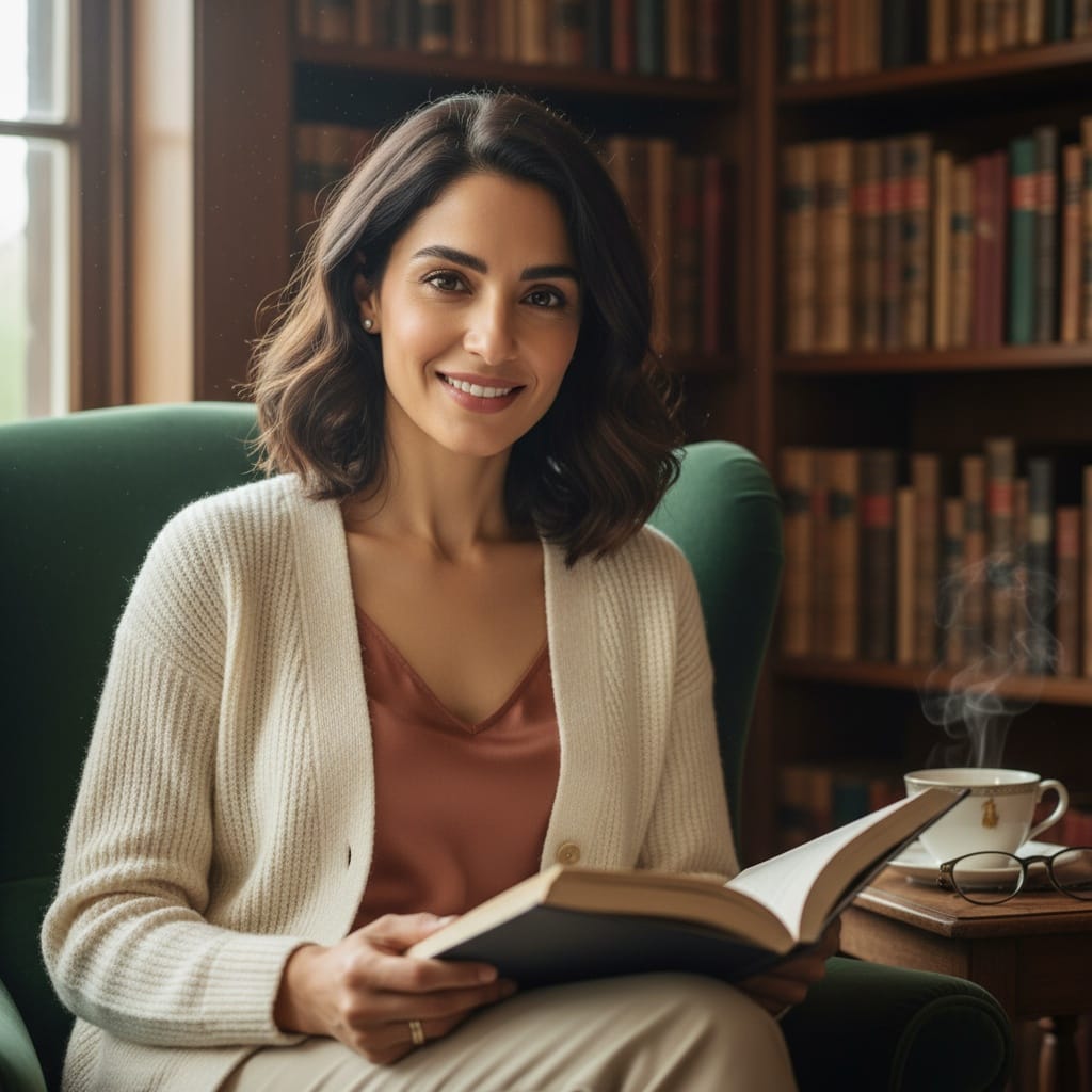 petite middle_eastern woman cozy reading chair 18225599