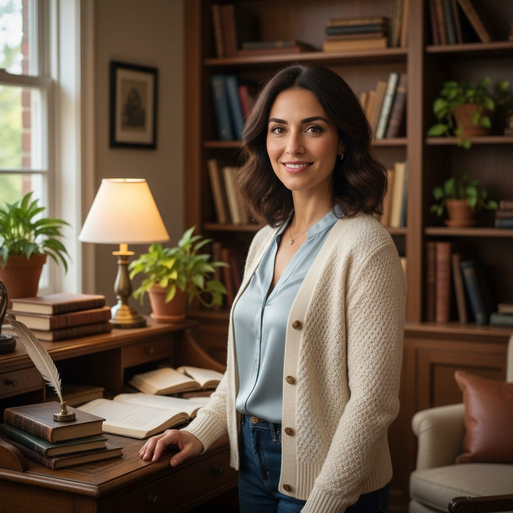 petite middle_eastern woman home office bookshelves 91998648