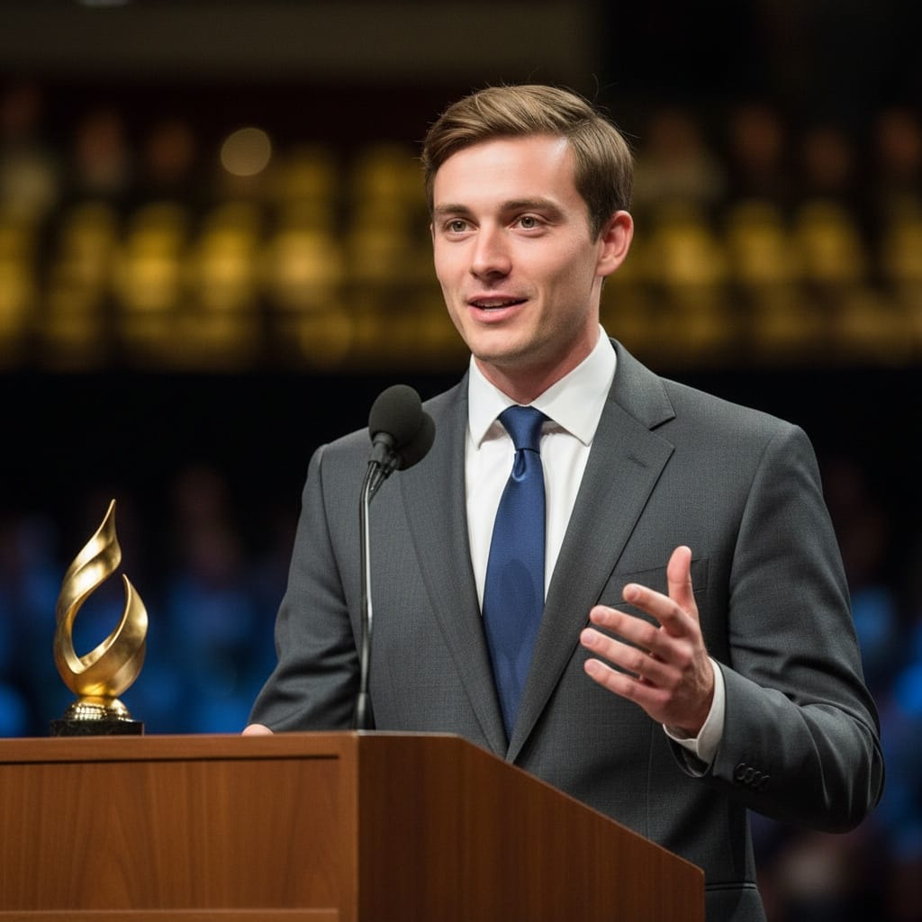 petite white man acceptance speech podium 93437845