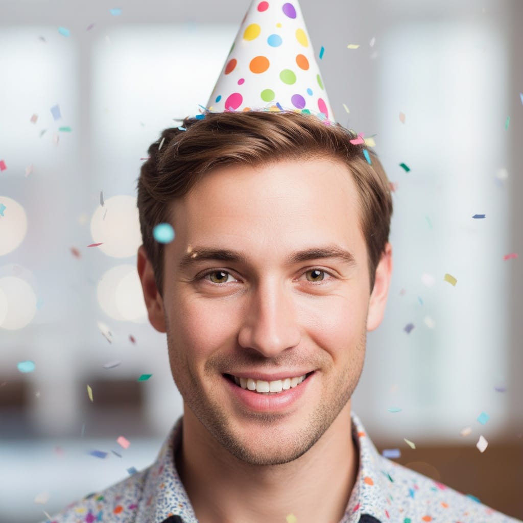 petite white man birthday hat close up 72320445