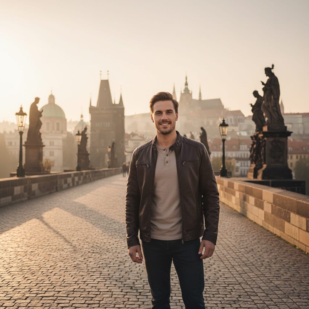 petite white man charles bridge sunrise 93204225