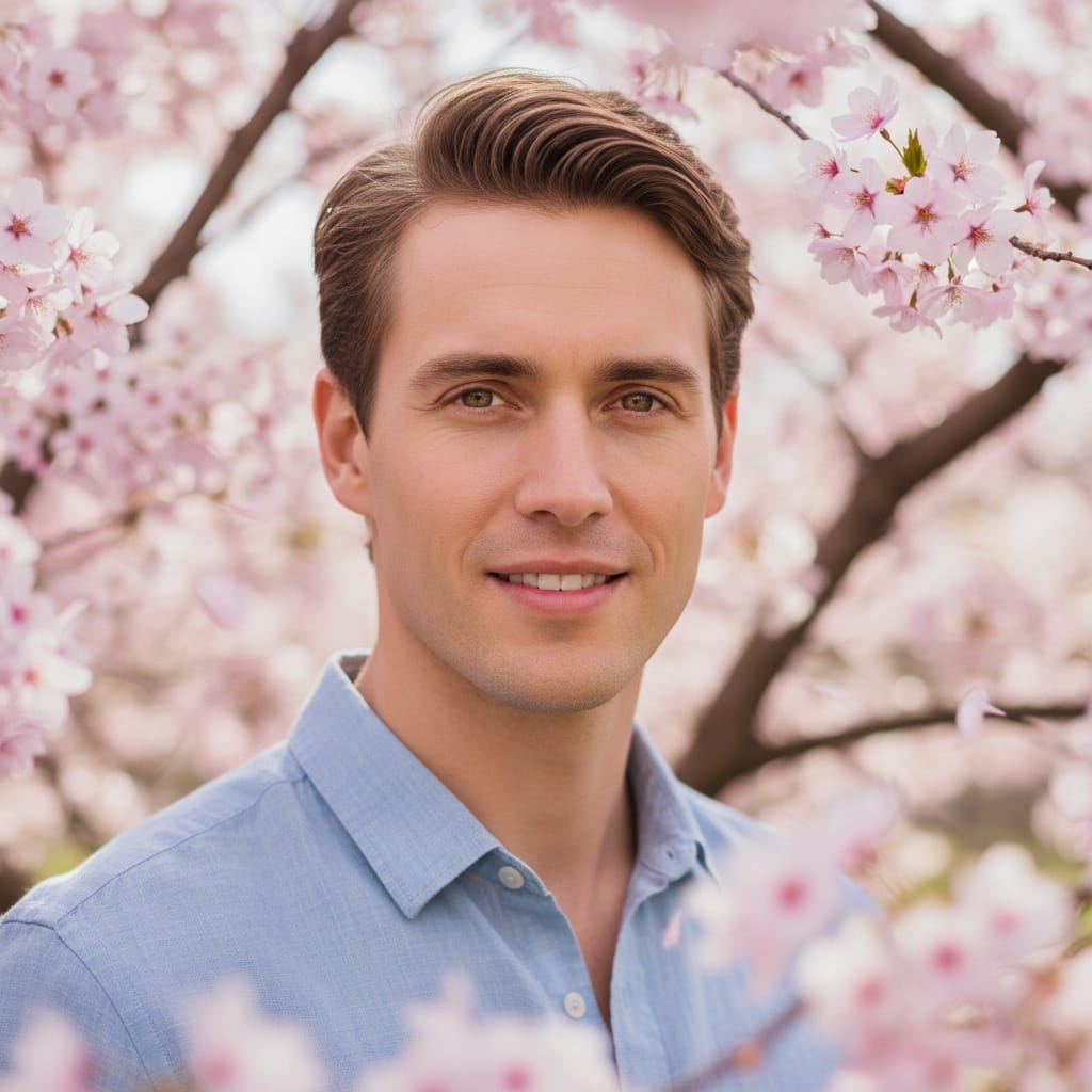 petite white man cherry blossom portrait soft focus 83607142