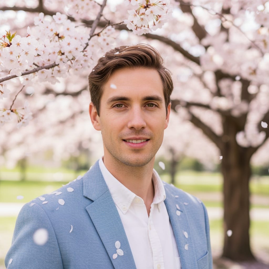 petite white man cherry blossom tree portrait 46873264