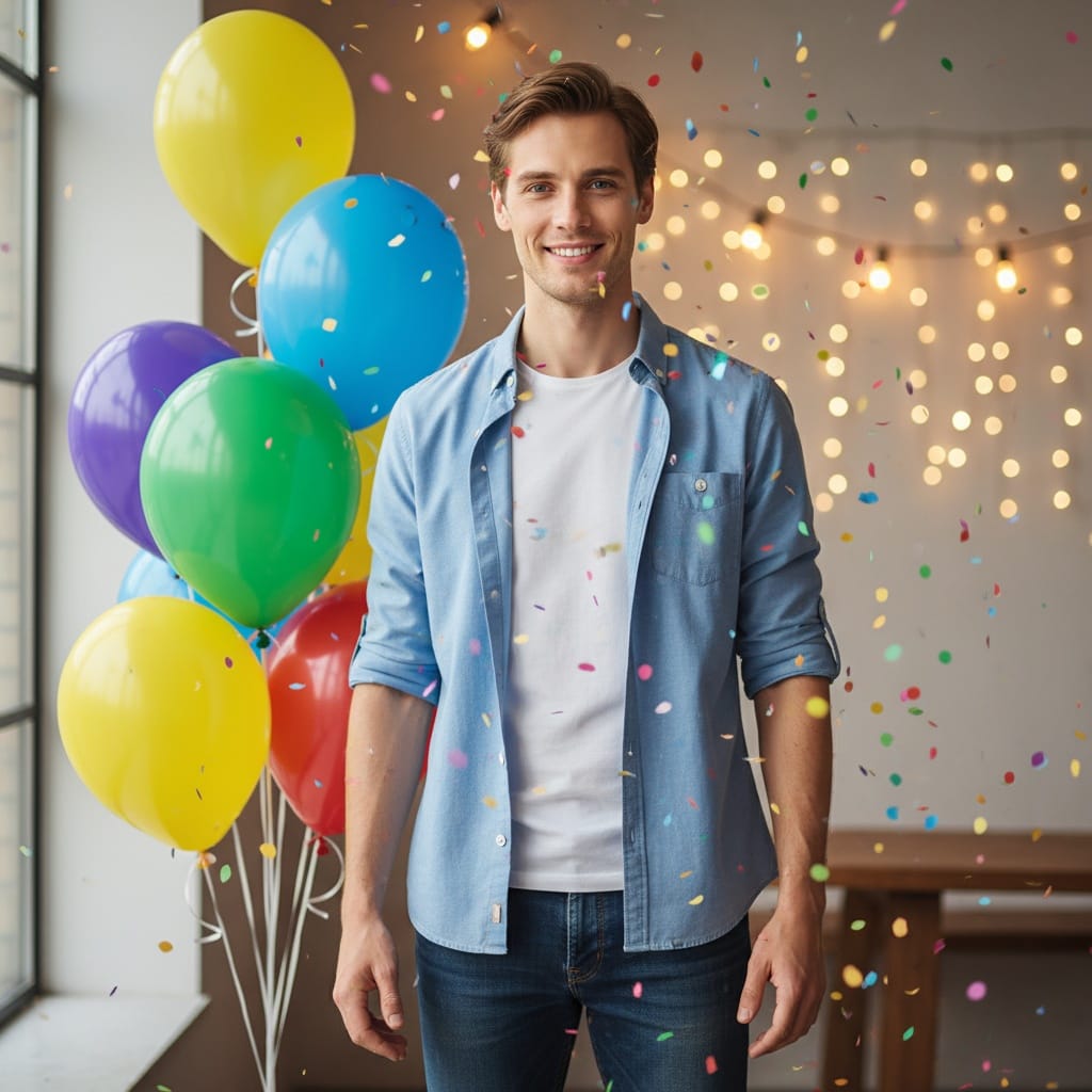 petite white man colorful balloons portrait 73385560