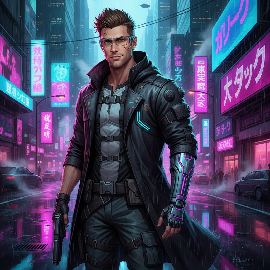 petite white man cyberpunk neon city 38412516