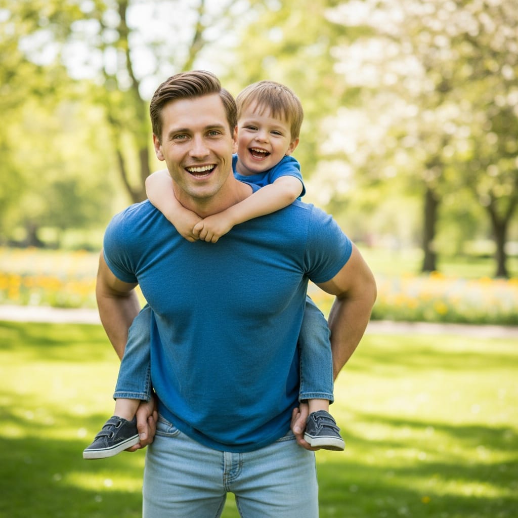 petite white man dad piggyback ride laughing 66629711